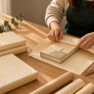 Pliego de papel seda lunares amarillo para packaging y envoltorios