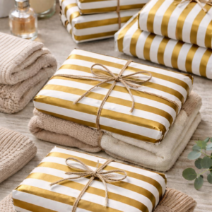 Pliego de papel seda rayado dorado para packaging elegante y regalos