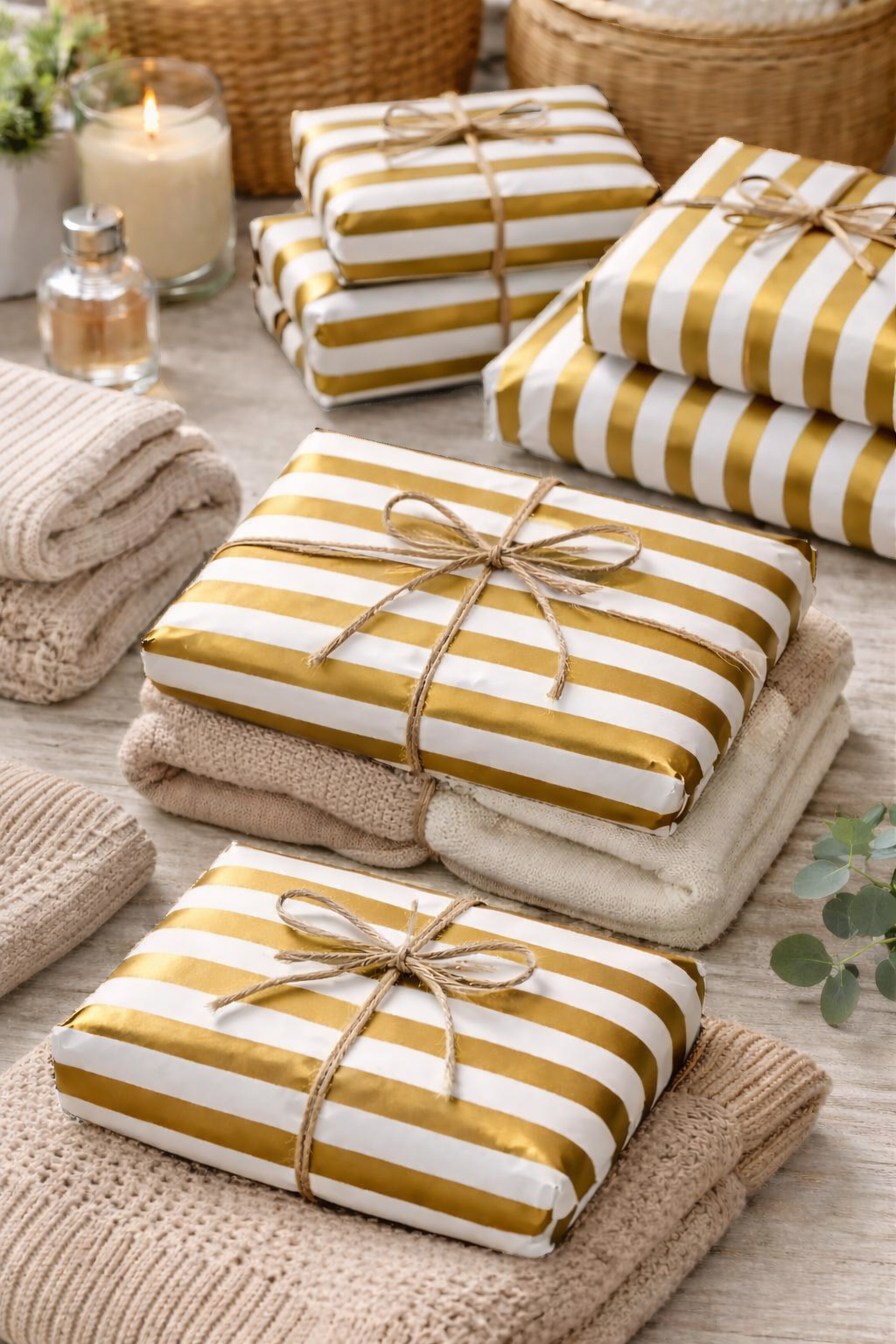 Pliego de papel seda rayado dorado para packaging elegante y regalos